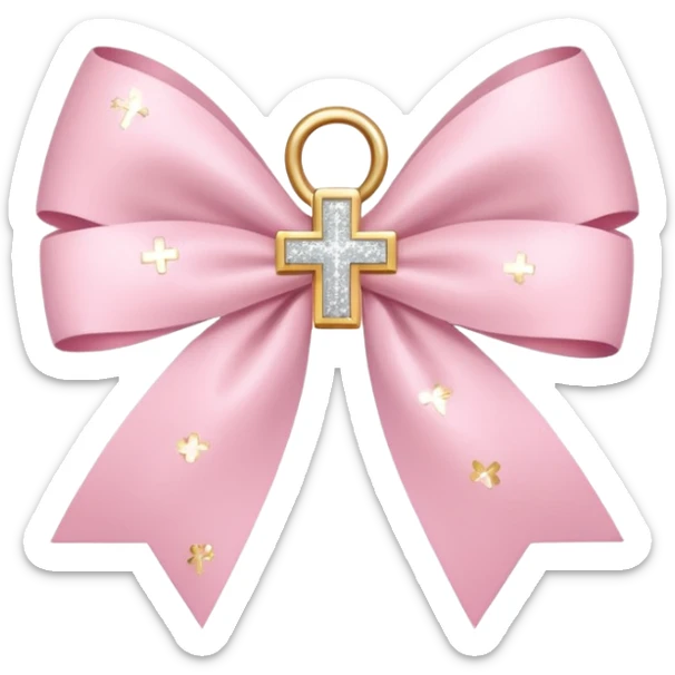 super pale pink bow confetti but the paper confetti are the pale pink bows all spread out with white tiny glitter and then with a cross  sticker