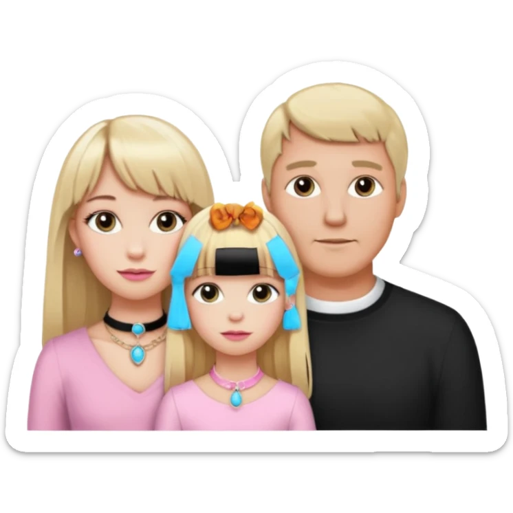 a family of three. daughter, mom and dad. long elegant blonde hair with bangs. almost female blonde boy femboy trap t-girl cute feminine makeup gay lingerie. skinny  body.   pink choker. whore hoop earrings. sticker