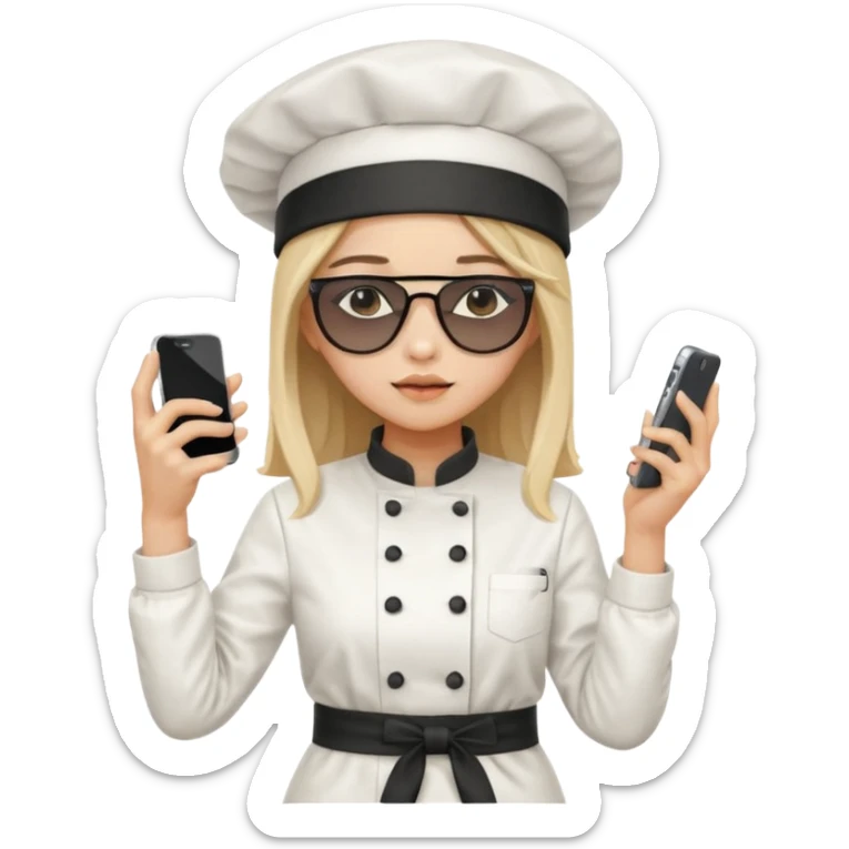 [b"A sad wooman with loight skin,k straight  hair, weawring a chehf hat andi sunglassels, dressee in K-pop  fashion, his dancino while hollding a phdone."] sticker