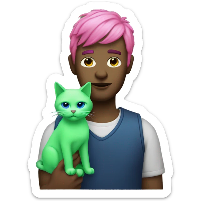 Man with pink hair and blue skin holding a cat that’s neon green sticker