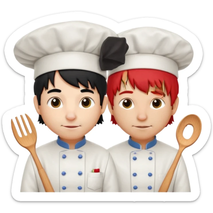 A rat with a fringe, long black hair and chefs and a man with red hair and a chefs hat sticker
