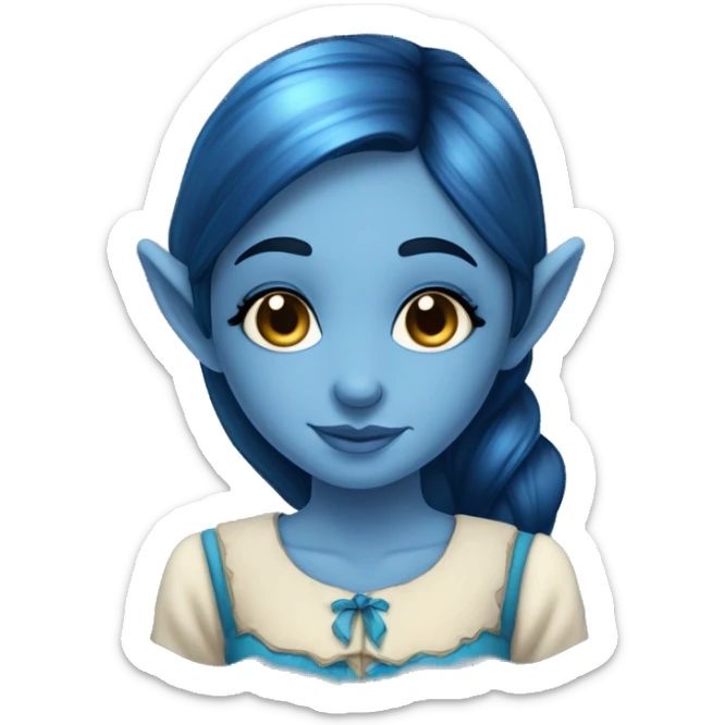 A beautiful blue skinned elf girl who has dark blue hair that shines. She has freckles on her nose and wears a cottage dress. sticker