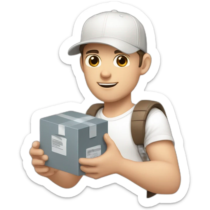 Pale skinned fit Man with dark brown hair in a white cap, gray jeans and beige polo T-shirt keeping a pasted box into his hands sticker