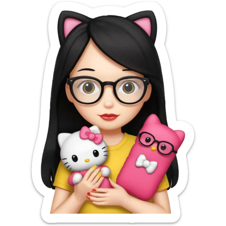 Nails cute with hello kitty wear glasses black long  hair, wear yellow shirt , red nails , big hello kitty sticker