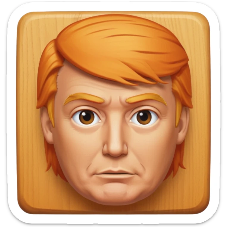 donald trump facial features and hair on a square wooden block sticker