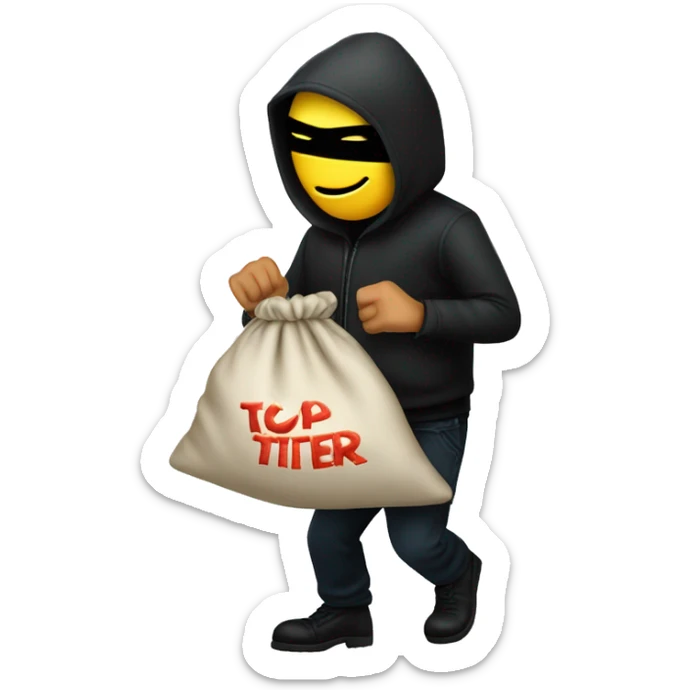 Thief stealing a bag of money that has the word Toptier embroidered on it sticker