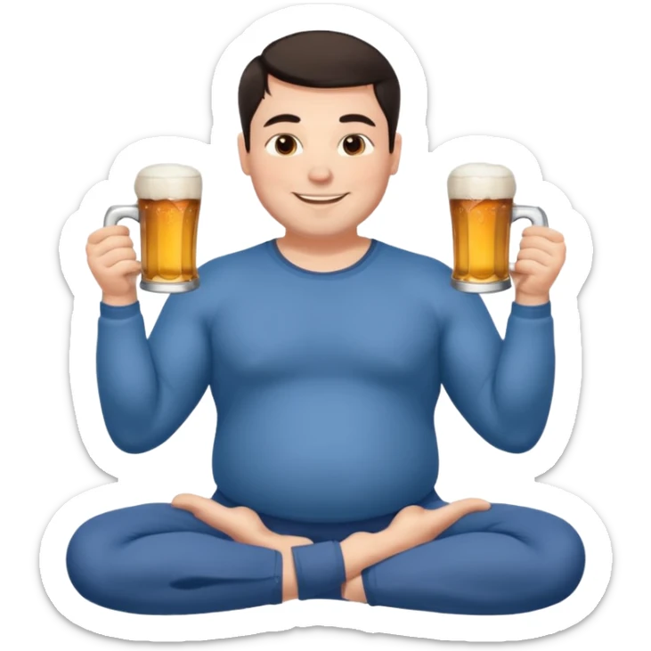 big white guy sitting in yoga pose, winter dressed, short dark hair, holding beer mugs in two hands, sitting sticker
