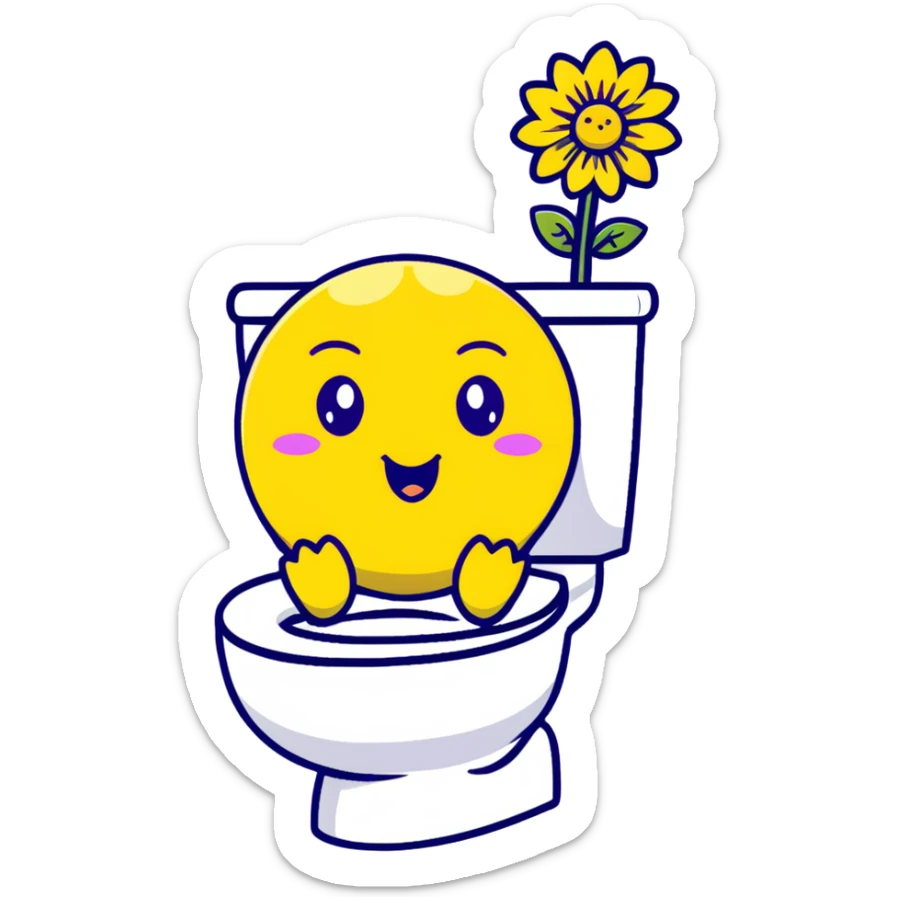 lemon yellow dandelion flower with a shocked face, sitting on a toilet with swirls in the eyes, soft colors, chibi expression sticker