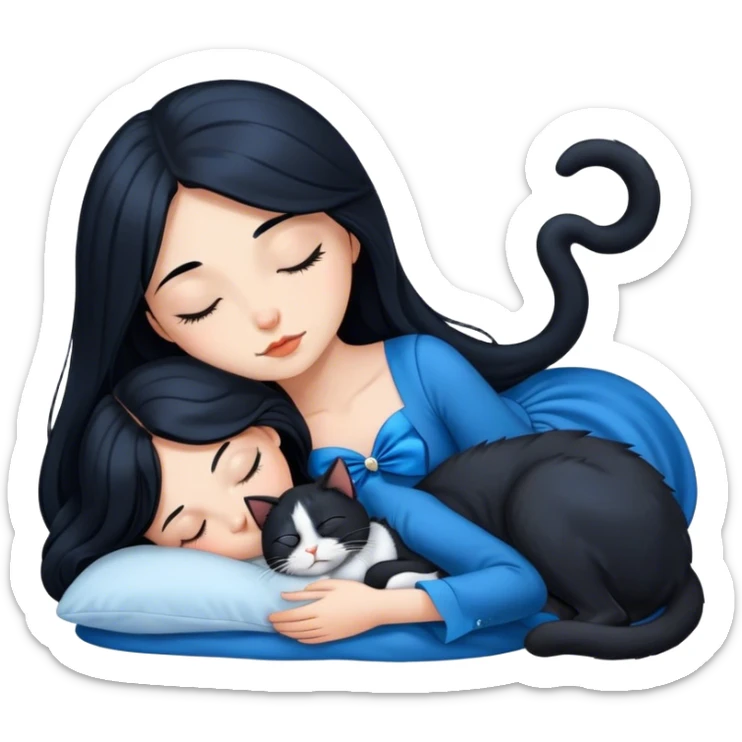 beautiful long Black hair girl, wearing blue dress. sleeping next to a tuxedo cat sticker