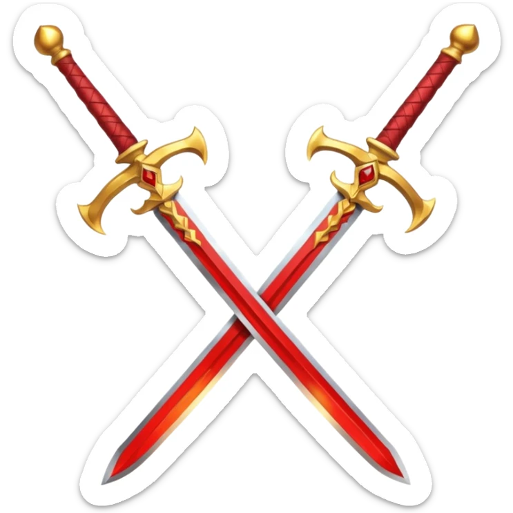 Two crossed swords that are golden in blade and handle and have fiery and royal appearence to them as well as red gem stones yellow in color sticker