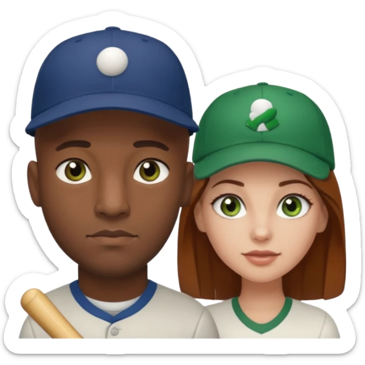 Black bald guy baseball cap  white girl brown hair green eyes sticker