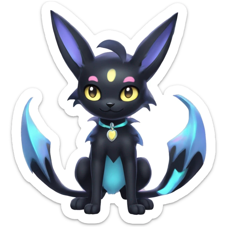 Shiny Cool Edgy pastel Black beautiful ethereal fantasy Kawaii Sona Umbreon-Noibat-Litten-Fakemon-cat-animal with edgy bat-ears black mane vtuber model Full Body sticker