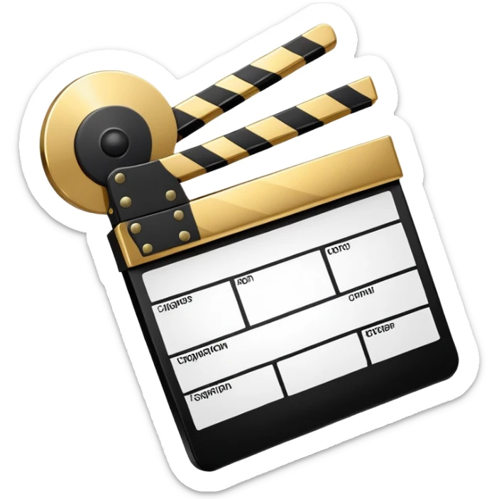 cartoon movie clapper, simple design with gold top part and white bottom part, black diagonal stripe sticker