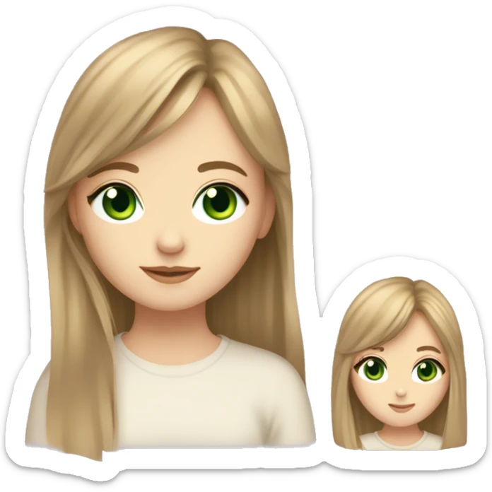 pale girl with light brown hair and curtain bangs and long hair with layers and green eyes and shes sorta india al sticker