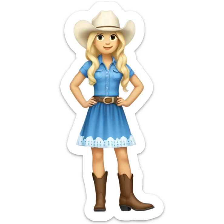 Blonde girl, blue dress, white cowgirl hat, cowgirl boots. sticker