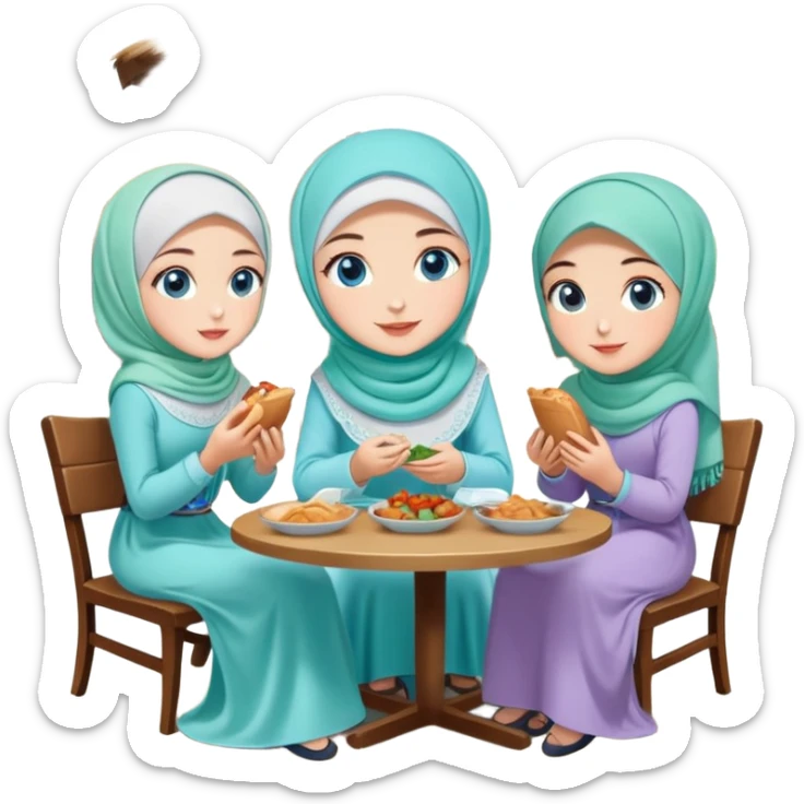 Turkish beautiful finish Konya girls blue eyes with lovely mint hijab long tail dress and the two friends sits on the chair on the ground and eating the food in the restaurant  sticker