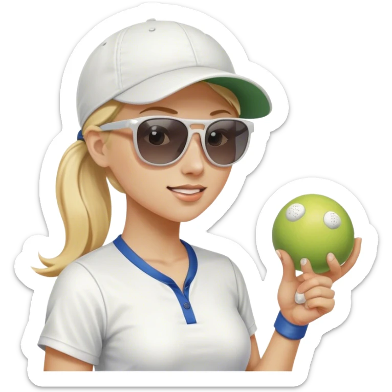 Woman with blond hair in a ponytail wearing a white baseball cap and sunglasses and holding a pickleball sticker