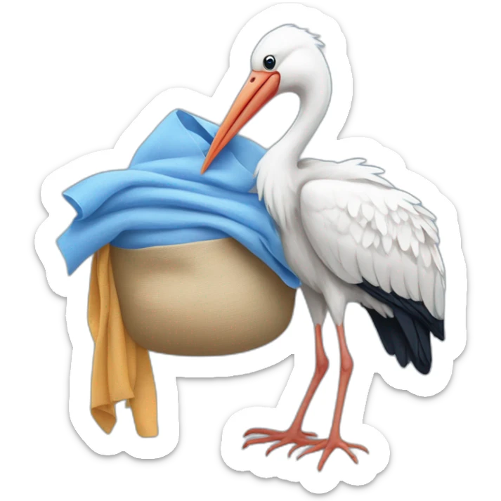 White stork carrying a blue bundle of cloth in its beak that has a human baby with and the human baby head is peeking from the fabric bundle the strok is carrying with its beak sticker