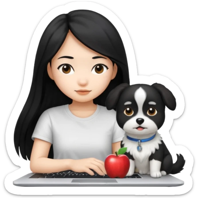 Asian girl long black hair, wearing a white t-shirt, working on an Apple laptop, next to her is a small black and white female dog sticker