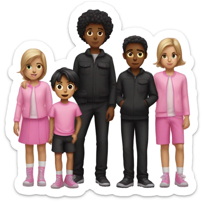  two boy wearing pink and a girl standing between boys in black out fits. sticker