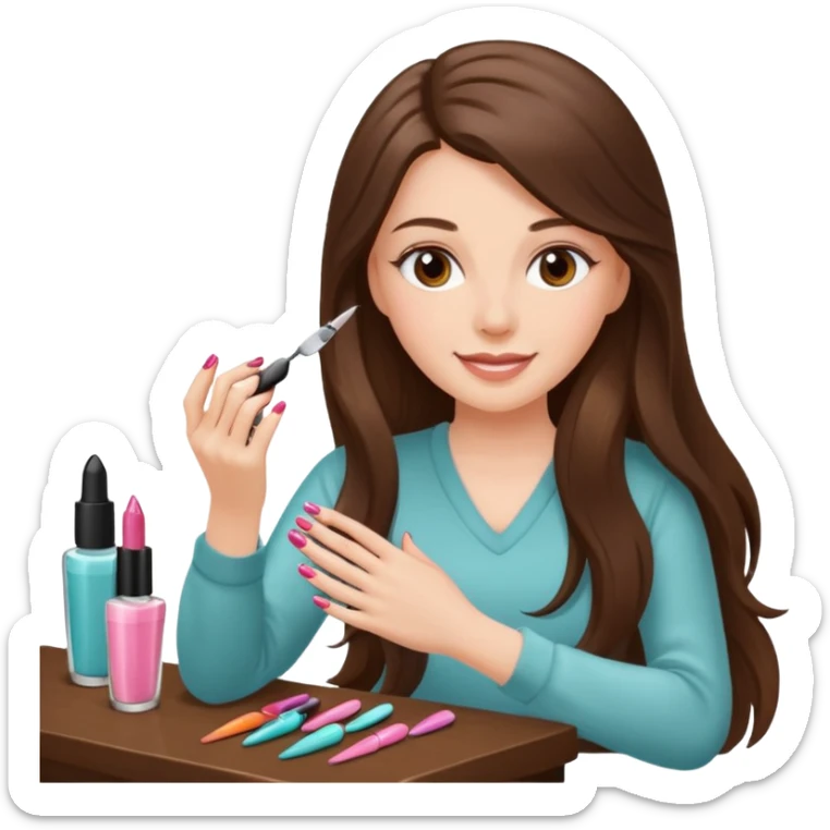White girl with long brunette hair girl getting her nails done sticker