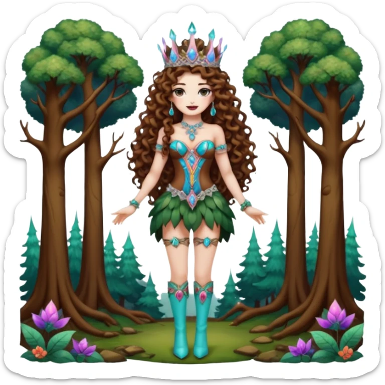 full body view of a woman with long curly brown hair, brown eyes, white skin, tattoos, wearing a crystal crown and thigh-high boots, psychedelic forest empress pose sticker
