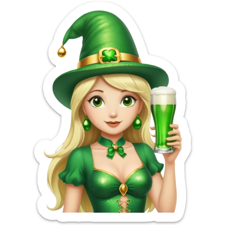 Blonde haired pretty woman in glittery green bell bottoms and tall leprechaun hat holding a green beer sticker