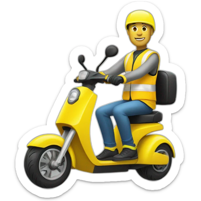 a bald man with a yellow safety vest and a yellow bicycle helmet on a electric scooter sticker