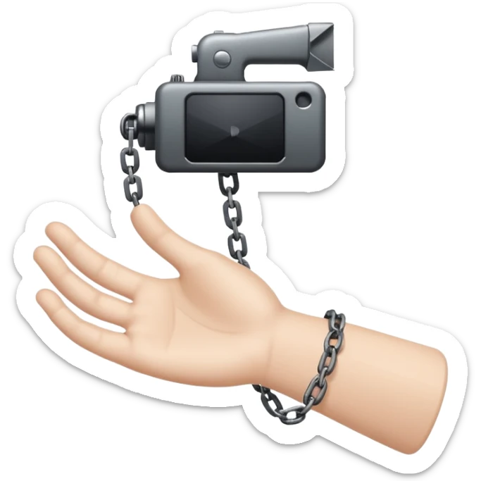Minimalist emoji-style sticker of a human hand bound by a chain leading to a video camera. Icon-like, clean silhouette, muted tones. sticker