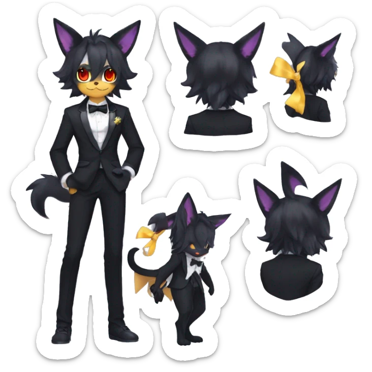 Shiny Dark Cool Edgy Black beautiful ethereal fantasy Kawaii Sona Umbreon-Litten-Fakemon-cat-animal with edgy bat-ears bow tie black emo-mane vtuber model Full Body sticker