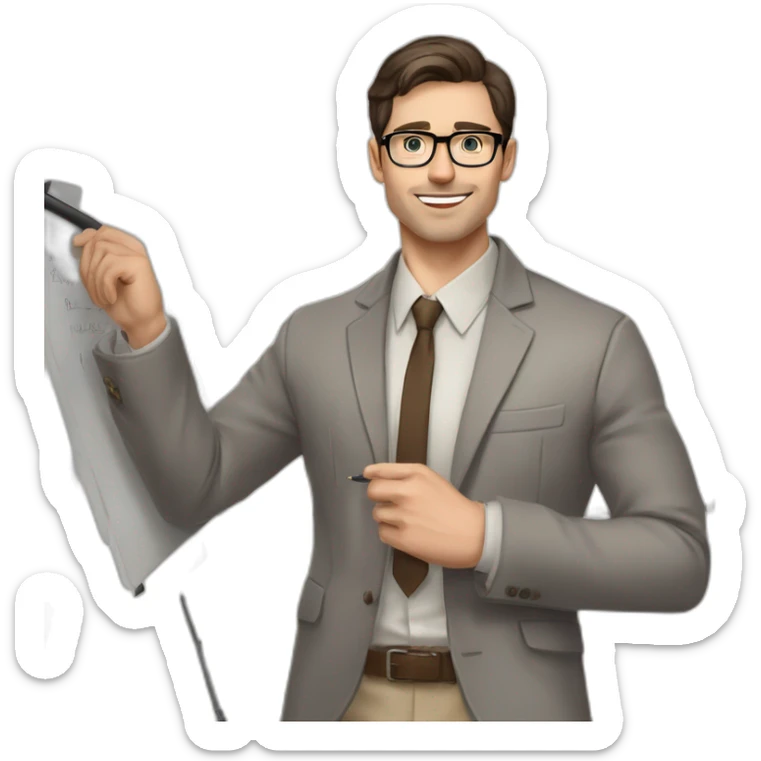 Pale skinned fit man with dark brown hair in gray jacket, beige office shirt, brown tie, brown pants and vintage glasses Writing text on the flipchart sticker