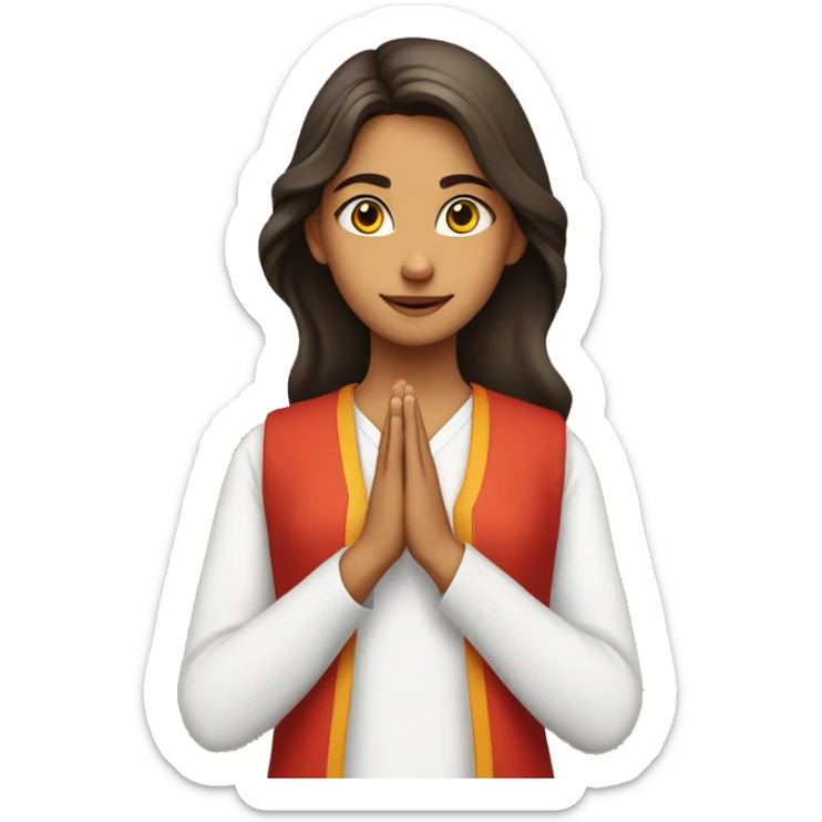 A teenage girl wearing plain white v  neck kurty, with no designs . She is also wearing red modi jacket. She is joining her hands a praying  sticker