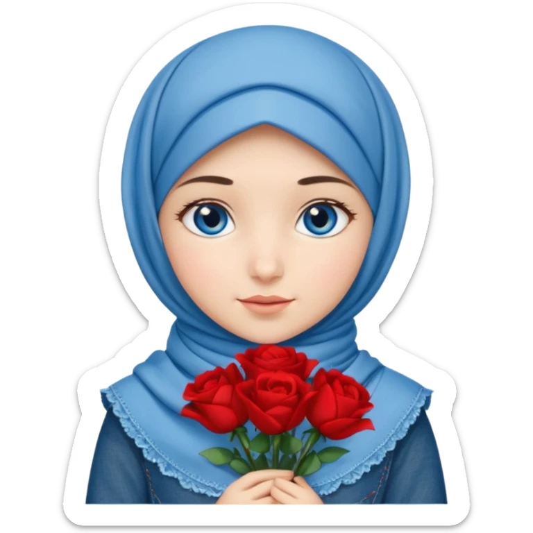 Turkish beautiful finish Konya girl blue eyes with denim bow hijab islamic dress and had on her hand red bouquet  sticker