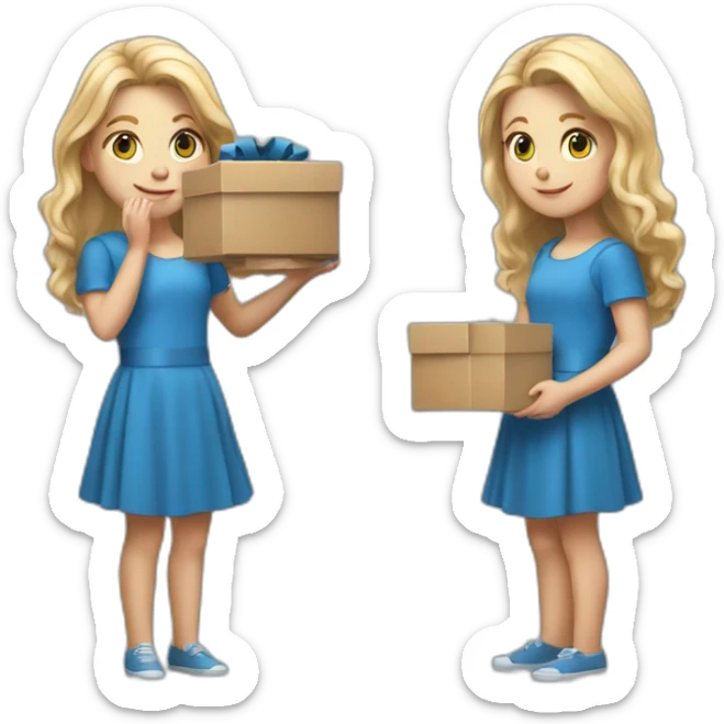 realistic white blode long hair girl in a blue dress holding a box with effort sticker