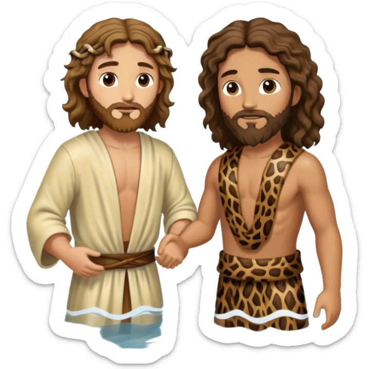 wavy hair John the Baptist, animal skin clothes, meets Jesus in the water, they have clothes on sticker