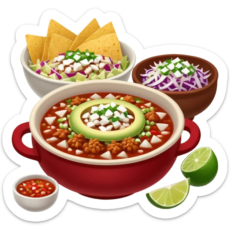A delicious hot bowl of pozole rojo with sides next to the bowl in separate bowls each: chopped onions, shredded cabbage, lime wedges, red chile de arbol salsa, and full round tostadas sticker
