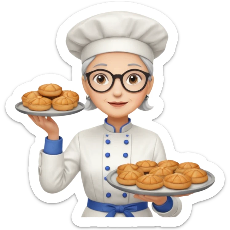 Older female pastry chef – round glasses, oven mitts on, holding a tray of pastries.

 sticker