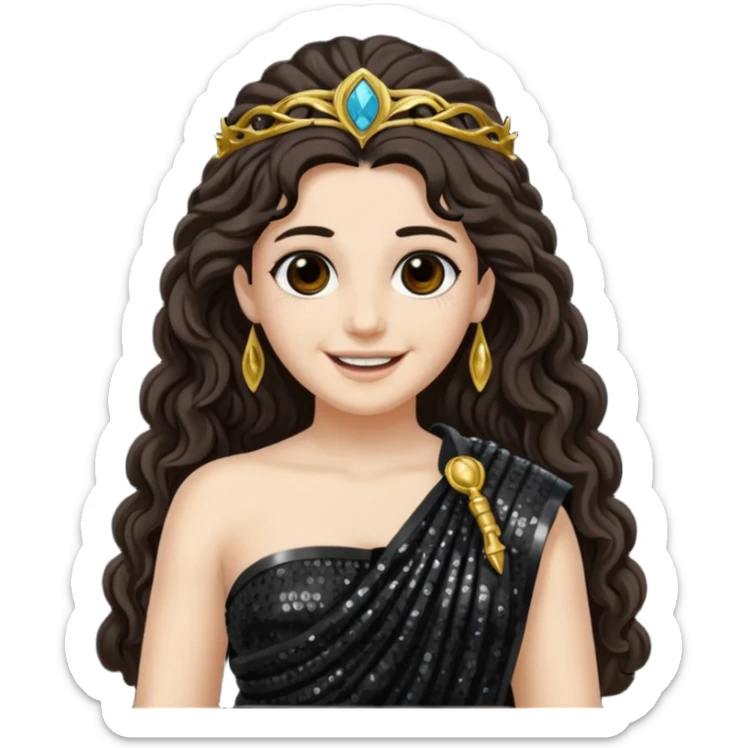 Libera, Goddess of Death from Roman Deities with long dark brown wavy hair, black sequin toga sticker
