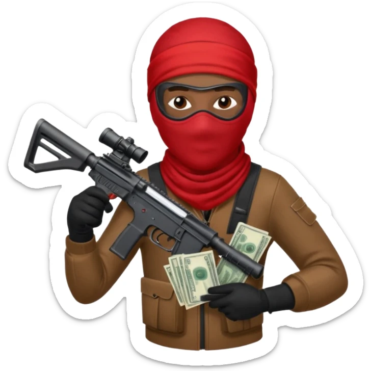 Brown skin Robber with ski mask and ar-15 in red bandana outfit throwing money sticker