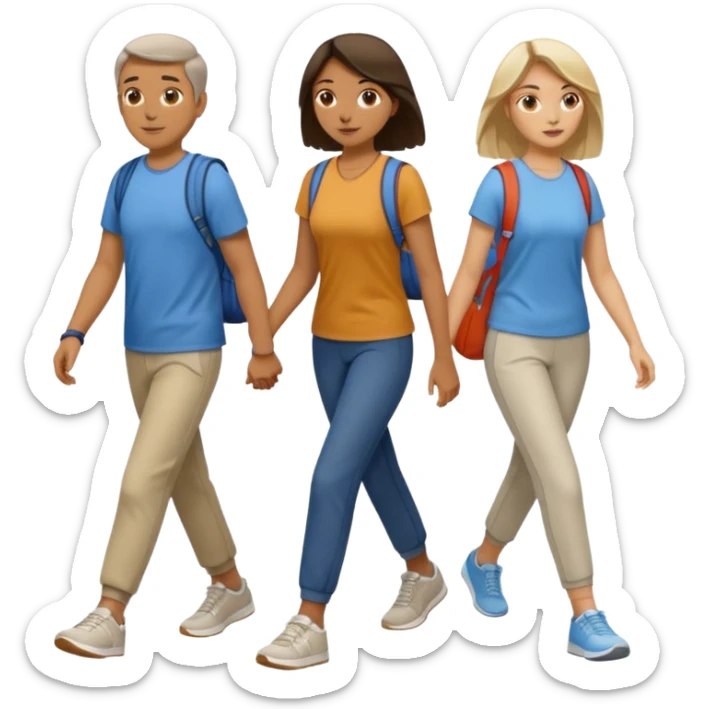 iOS emoji style - a men and 2 women in casual clothes and wearing trainers. Walking in the same direction quickly together. 
Not holding hands. No backpacks. 
 sticker