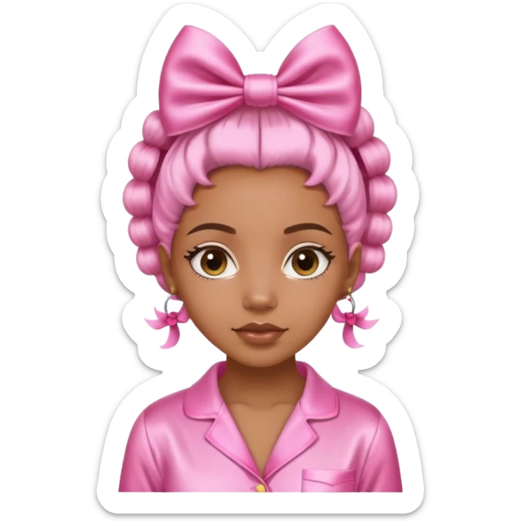 light skin black girl in pink satin pajamas doing skin care wearing bows on her hair sticker