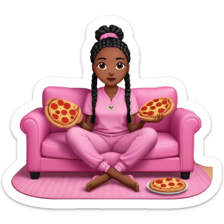 A dark-brown-skinned Black woman with black box braids, sitting on a pink couch, holding an open pizza.She’s wearing comfy loungewear, looking relaxed and enjoying her food. sticker