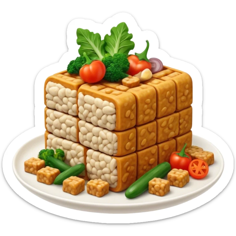 Cinematic Realistic Tempeh Dish Emoji, showcasing fermented soy cake cooked to a crispy finish rendered with lifelike textures and warm, inviting lighting. sticker