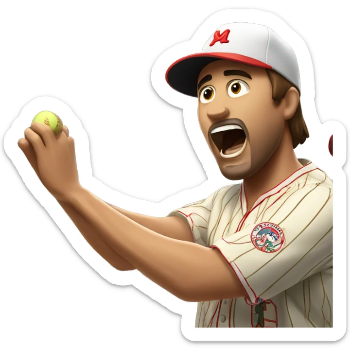Man with brown hair wearing a hawaiian shirt yells at pinstripe wearing Latino baseball player sticker