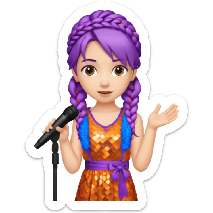 girl in orange blink dress, purple braided hair, holding a mic



















 sticker