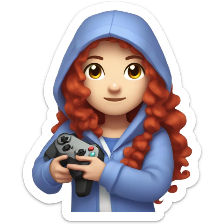a white minecraft  girl with long red curly hair, wearing periwinkle Minecraft hoodie holding a controller sticker