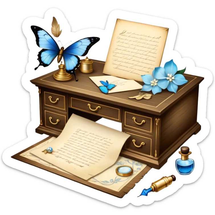 A poetic still life of an antique wooden desk adorned with an ink-stained love letter, a golden-tipped quill resting beside it. A translucent blue butterfly flutters near an elegant perfume bottle, surrounded by ivory gardenias and scattered pearls. sticker