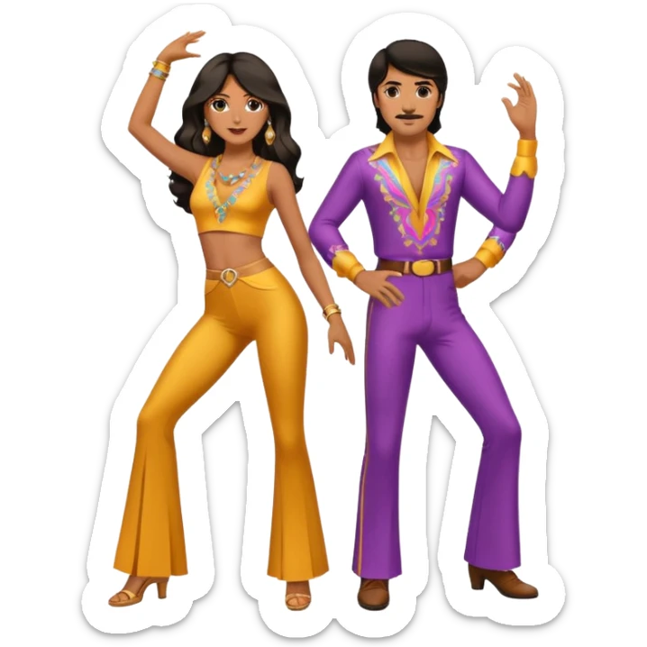 hombre y mujer bailando con ropa de disco de los 70s ambos con pantalones largos, ambos de pelo oscuro sticker