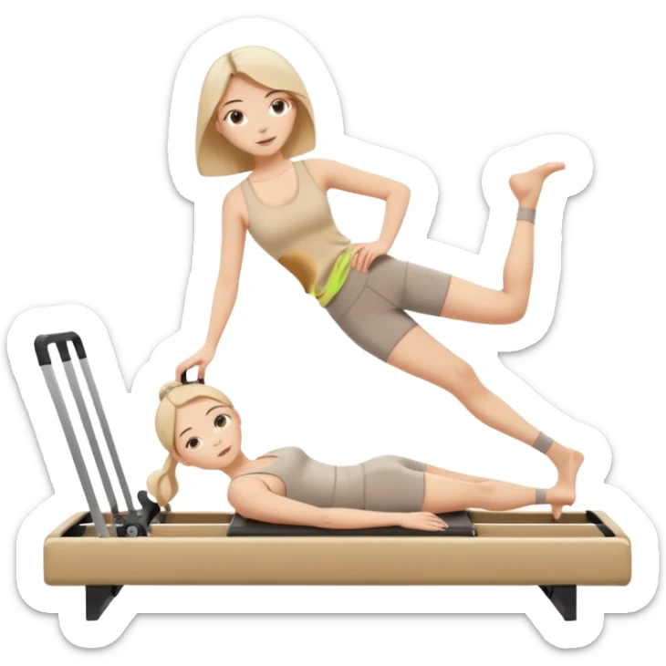 pilates beige reformer girl with beige set of clothes and beige reformer machine. sticker