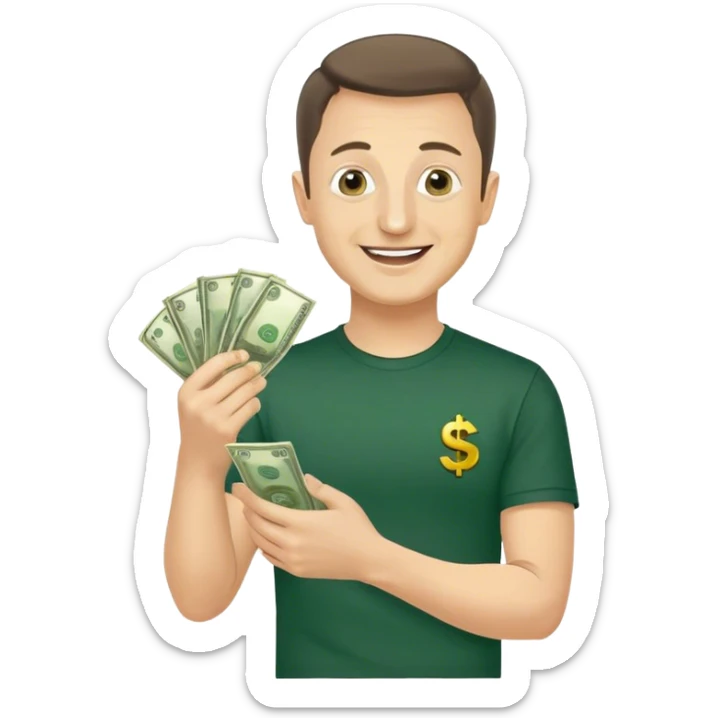 Photorealistic Vladimir Zelensky very happy holding money in his hands, dark green shirt sticker